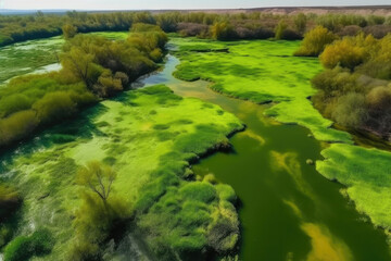 Amazing blooming algae on green river, aerial view created with Generative AI technology