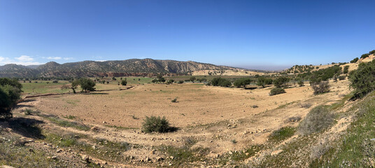 Morocco, Africa: panoramic road and canyon in the middle of the argan plain between Essaouira and Taghazout, the tree from which the prodigious oil is obtained only grows in this area