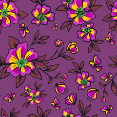 Floral pattern. Dark background, flowers white, pink, purple. Good for packaging, banner, postcards. Simple seamless pattern.