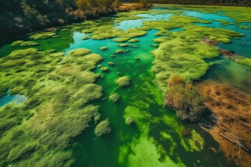 Fototapeta na wymiar Amazing blooming algae on green river, aerial view created with Generative AI technology