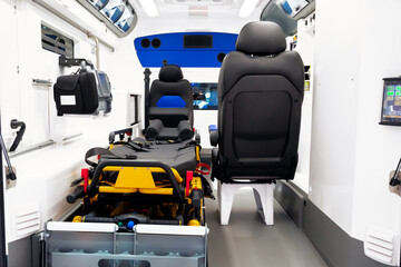 Emergency stretcher in a new delivered EMS ambulance.