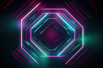Volumetric bright neon rhombus on a black background, futuristic banner. Generative ai.