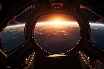 View from the porthole of a spaceship at dawn over the planet. Generative ai.