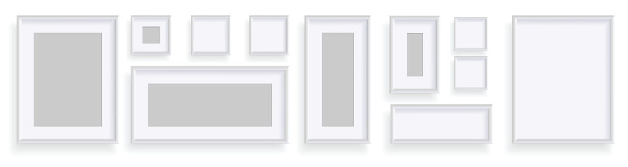 Fototapeta premium Photo frames isolated on white, rectangular frames mockup. Set of empty framing for presentations. Photo or picture painting frame, for art gallery interior. Vector template