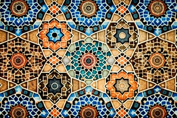 Seamless Moroccan mosaic Tile pattern with colorful Patchwork. Vintage Portugal azulejo, Mexican Talavera, Italian majolica Ornament, Arabesque motif or Spanish ceramic Mosaic - obrazy, fototapety, plakaty