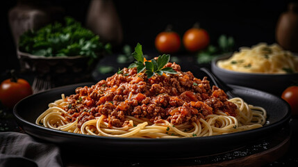 The dish is a classic Italian Spaghetti Bolognese, which is made with fresh veal, pork, ground beef, garlic, red wine, and parsley.