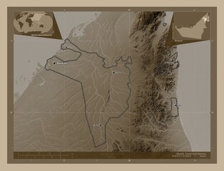 Sharjah, United Arab Emirates. Sepia. Labelled points of cities