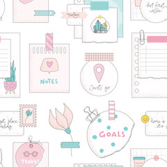 Cute vector seamless pattern with wall moodboard, notes, papers for package, wrap, textile