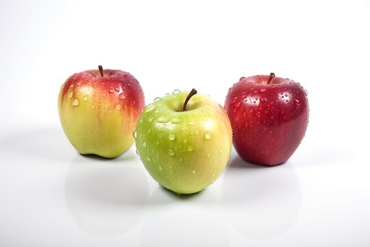 3 apples on a white background with water drops, Generative AI