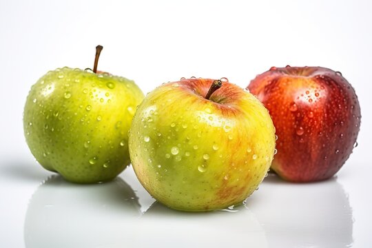 Two yellow-green and one red apples on a white background with water drops, Generative AI