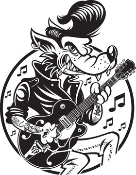 Rockabilly style wolf playing a electric guitar