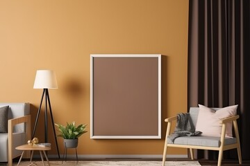 Frame mockup in home interior with decoration, living room in brown warm color, 3d render