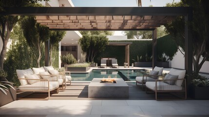 Open air backyard barbecue area with beautiful pool and lounging area with designer outdoor furniture