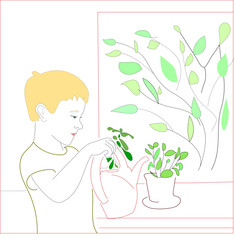 A cute boy is watering green plants on the windowsill on a sunny day. Joyful atmosphere of waiting for spring