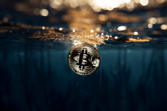 Bitcoin sinking in water. Generative AI.