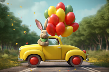 Rabbit in Car with balloons on the road, ai generative