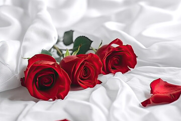 Red roses on white fabric background