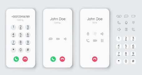 Smartphone dial phone ui set. Phone number pad, call screen with keypad and dial buttons. Mockup incoming call. Vector isolated illustration touchscreen telephone interface © designer_things