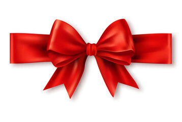 Gift bow with ribbon. Horizontal silk red ribbon with decorative bow, realistic luxury holiday satin ribbon for decor or holiday packaging, isolated on white background.