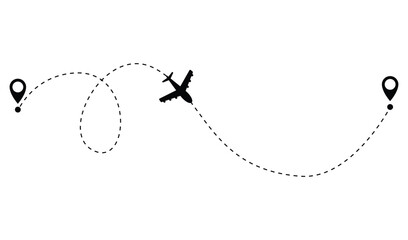 Airplane dotted route line. Path travel line shape. Flight route with start point and dash line trace for plane isolated vector illustration - obrazy, fototapety, plakaty