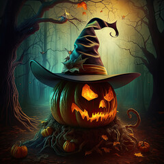 Halloween pumpkin wearing witch's hat in a dark mystic autumn forest with bats, Generative AI