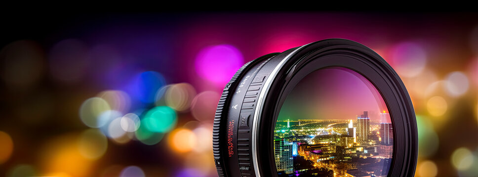 Camera lens with colorful background contrasting backgrounds. Generative Ai. 
