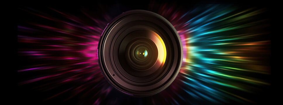 Camera lens with colorful background contrasting backgrounds. Generative Ai. 
