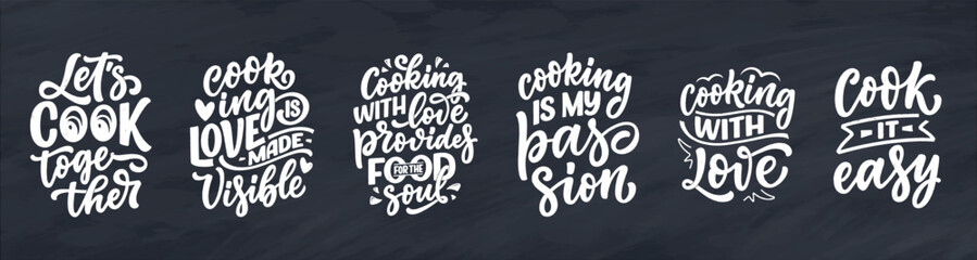 Set with Handwritten lettering quotes about kitchen and cooking. Hand drawn unique typography design element for greeting cards, decoration, prints and posters.