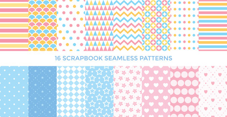 Baby textile seamless pattern collection. Set of geomteric sweet, stripe vector background. Wallpaper cover, scrappbooking paper or fabric cloth. Bright colorful childish geometry shapes