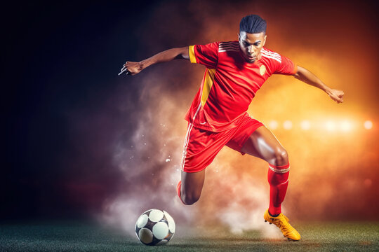 Epic Night Footballer in Red Jersey Running with Ball Amid Orange Smoke and Light in Stadium, Ad Campaign
