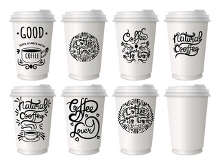 Coffee to go lettering on disposable cups set. Lettering emblems quotes text set. Hot street drinks cardboard packaging plastic or paper caps diversity. Trendy and bright graffiti style