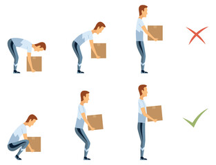 Lifting technique safe movement. Safety. Correct and incorrect instruction for moving heavy packages for workers. Ergonomic movement for loading objects vector flat illustration