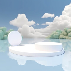 3D podium white display on water with white cloud and round frame.