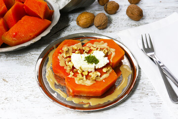 Kabak Tatlısı - Traditional Turkish Pumpkin Dessert with Cream Butter, walnut and tahini