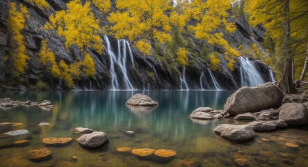 Beautiful landscape with a lake and waterfalls. AI Generated