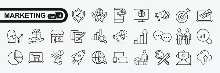 Digital marketing icons set. Content, search, marketing, ecommerce, electronic devices, internet, analysis, social and more line icon.