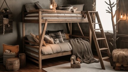 Fototapeta na wymiar A cozy rustic cabin-themed bedroom with a bunk bed and tree trunk ladder Generative AI
