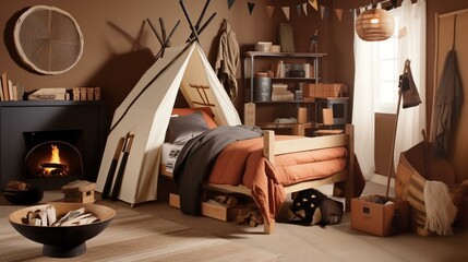 Obraz na płótnie Canvas A rustic camping-themed bedroom with a tent bed and faux campfire Generative AI