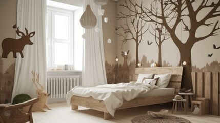 A cozy and inviting woodland-themed bedroom with a rustic log bed and woodland creature wall decals Generative AI