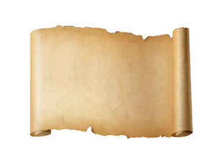 Old mediaeval paper sheet. Horizontal parchment scroll isolated on white