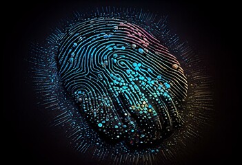 Image of fingerprint and data processing over black background. Generative AI