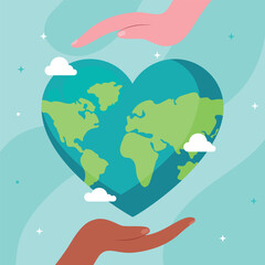 Fototapeta premium Love the planet, Heartshape planet, Save tha planet, Happy Earth day poster, International Mother Earth Day, Taking care of nature. Cartoonish, Flat vector illustration