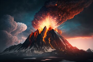 Volcano erupting, earthquake and natural disaster, huge smoke cloud and lava flows, fire in nature, generative ai illustration