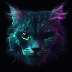 Beautiful Cat Face In Green Purple Fire On Black Background Dazzling And Radiant. Generative AI