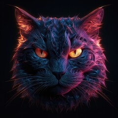 Beautiful Chartreux Face Shape In Red Purple Fire On Black Background. Generative AI