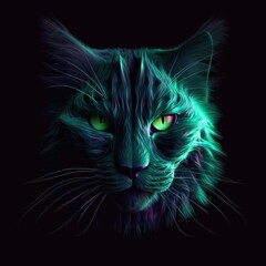 Beautiful Chartreux Face Shape In Green Purple Fire On Black Background Dazzling And Radiant. Generative AI