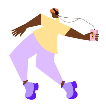 recommend clip art: Young woman with headphones listening to music and dancing Girl holding walkman Vector illustration Isolated on white background