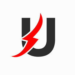 Initial Electric Logo on Letter U Concept With Power Icon, Volt Thunder Symbol
