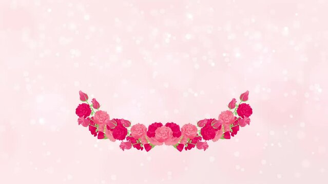 花 フレーム  ピンクのカーネーション、バラ、ガーベラ  背景ライトピンク