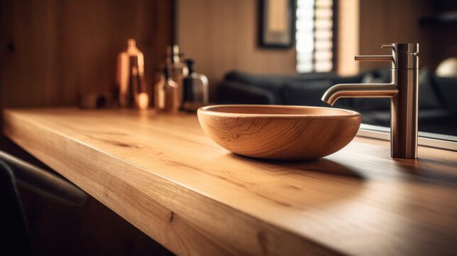 int&eacute;rieur d'une salle de bain avec vasque et robinet, int&eacute;rieur chaleureux en bois vernis